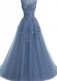 A Line Floor Length Tulle Prom Dresses With Lace Appliques