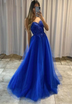 A line Blue tulle lace long prom dress
