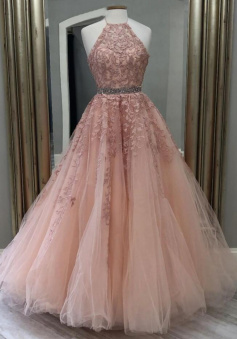 A line Pink tulle lace long evening gown