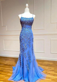 Mermaid Blue tulle prom dress with lace