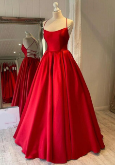 Simple A Line Red satin long prom dress