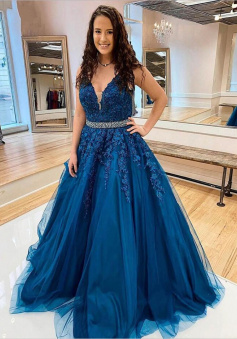 A line Blue tulle lace long evening dress