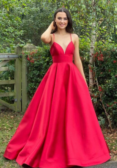 A Line satin long red evening dress