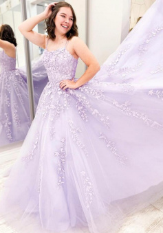 A Line Purple tulle lace long prom dress