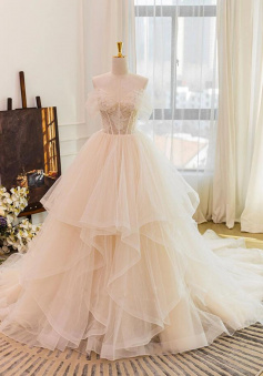 Off Shoulder A line Champagne tulle lace long prom dress