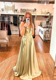 Simple A line satin long prom evening dress