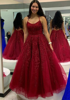 Burgundy A line tulle sequins long prom dress