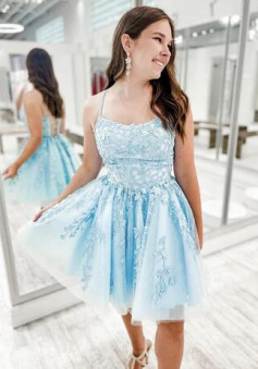 A Line Blue tulle lace short homecoming dress