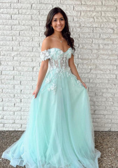 Off Shoulder Green tulle long prom dress with Lace applique