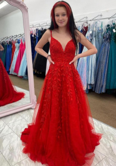 A Line V Neck Red tulle lace long prom dress