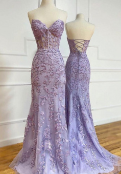 Mermaid Purple tulle lace prom dress evening gown