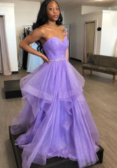 A line Purple Floor Length tulle long prom dress