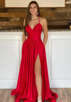 Simple Red satin A Line Split prom dress