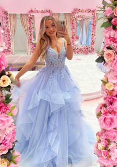 A line Blue tulle lace formal prom dress