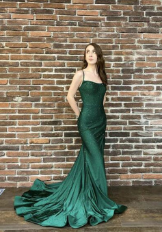 Mermaid Green satin sequin long prom dress