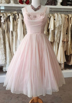 A line short light pink chiffon tea length prom dress