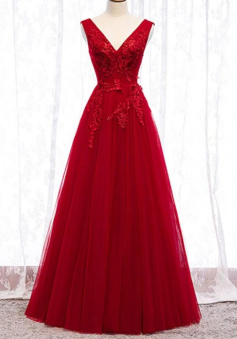 Floor Length v neck tulle long prom dress with lace