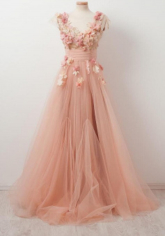 A Line Tulle V Back Prom Dress