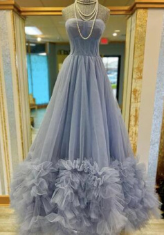 Princess A line Blue tulle long prom dress