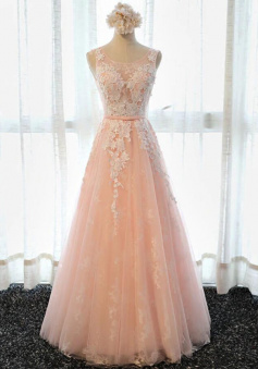 A Line Lace V Back Prom Dresses