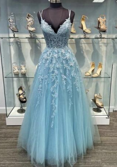 A Line Spaghetti Straps Blue tulle lace long prom dress