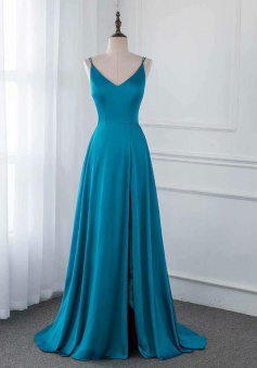 A line Blue Long Evening Dress V Neck Satin Sleeveless With Side Split