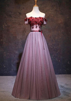 Elegant A Line tulle lace applique long prom dress