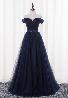 Elegant Off The Shoulder Navy Blue Tulle Prom Dresses