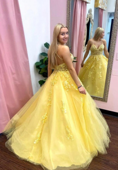 A line Yellow tulle lace evening dress