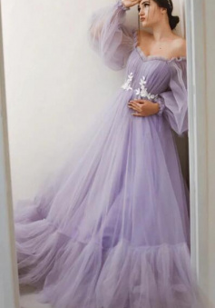 Off Shoulder Purple tulle evening dress