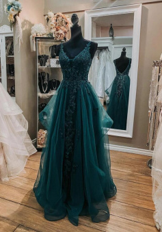 A Line Floor Length Green tulle lace evening dress