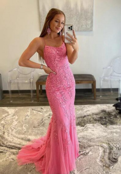 Mermaid lace long pink evening dress
