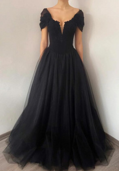 A Line tulle lace black evening dress