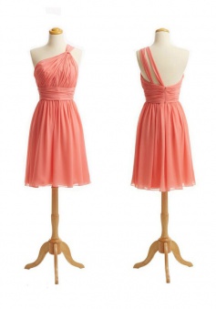 Elegant One-shoulder Short Coral Chiffon Bridesmaid Dress