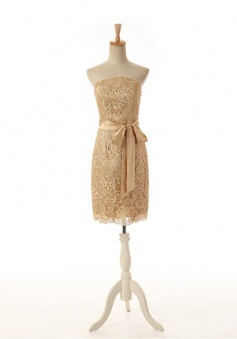 Strapless Mini Lace Column Bridesmaid Dress-White Dress with Removable Sash LABD-70935