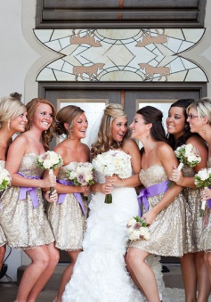 Fashion & Sexy  2015 Sweetheart Short Silver Sequins Bridesmaid Dresses With Purple Sash BD-70943