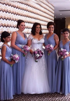 Elegant V-neck Lavender Floor-length Beading Long Bridesmaid Dress