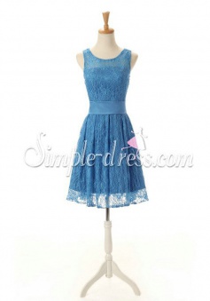 Fashion A-line Scoop Blue Lace Bridesmaid Dress with Sash