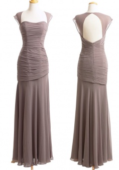 Elegant Capped Long Sheath Grey Chiffon Bridesmaid Dress