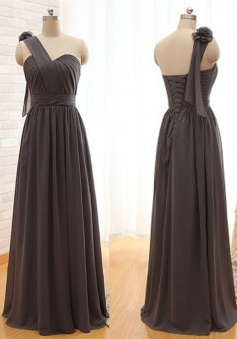 Romantic Sheath One-Shoulder Floor Lengrh Grey Bridesmaid Dress with Flower