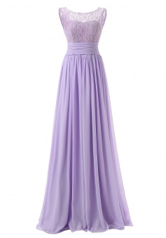 Simple Scoop Long Chiffon Lalic Bridesmaid Dress With Lace 