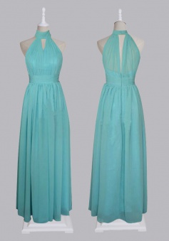 Elegant A-line Halter Ruched Long Chiffon Bridesmaid Dress