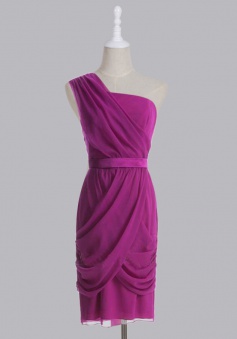 Elegant Column One-shoulder Zipper-up Knee-length Chiffon Bridesmaid Dress