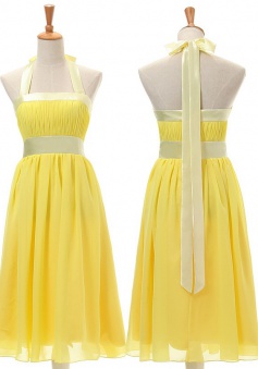 Latest A-line Halter Yellow Knee Length Chiffon Bridesmaid Dresses CHDT100038