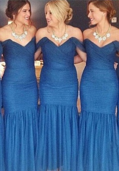 Mermaid Bridesmaid Dress - Royal Blue Off-the-Shoulder Floor Length Ruffles