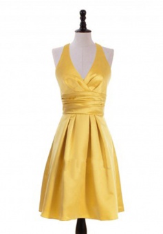 Simple A-Line Halter Knee Length Yellow Bridesmaid Dress with Ruched