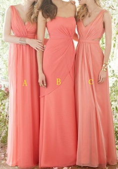 Sexy Sheath V-neck Floor Length Coral Bridesmaid Dress with Ruched