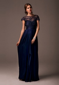 Elegant  A-Line Bateau Floor Length Navy Blue Bridesmaid Dress With Bowknot