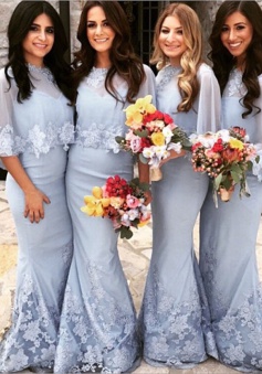 Mermaid Bridesmaid Dress - Light Blue Bateau Floor-length Appliques