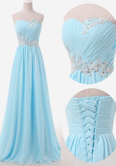 Simple A-line Sweetheart Floor Length Sky Blue Bridesmaid Dress with Beading